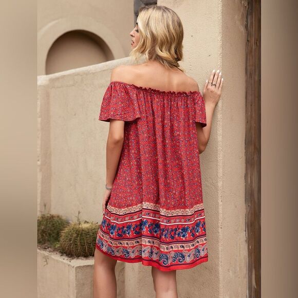 Anna-Kaci California Rustic Red Double Textured Tiered Floral Women'Dress, Sz S - Picture 3 of 11